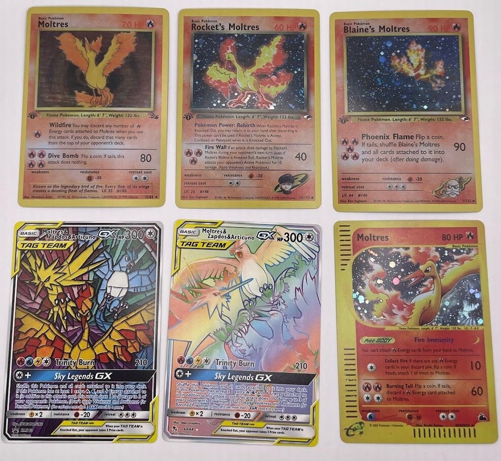 Moltres Reprint Bundle Lot of 6 - Fossil, Team Rocket, Gym Heroes, SM Promos, Sun & Moon and Skyridge