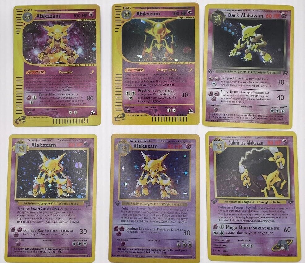 Alakazam Reprint Bundle Lot of 6 - Base Set 2, Base Set First Edition, Team Rocket, Gym Challenge, Skyridge and Expedition