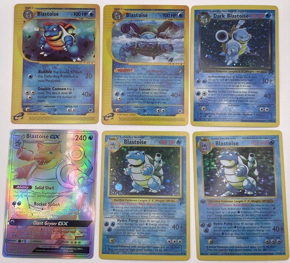 Blastoise Reprint Bundle Lot of 7 - Team Rocket, Base Set 2, Base Set First Edition, Expedition and Unbroken Bonds