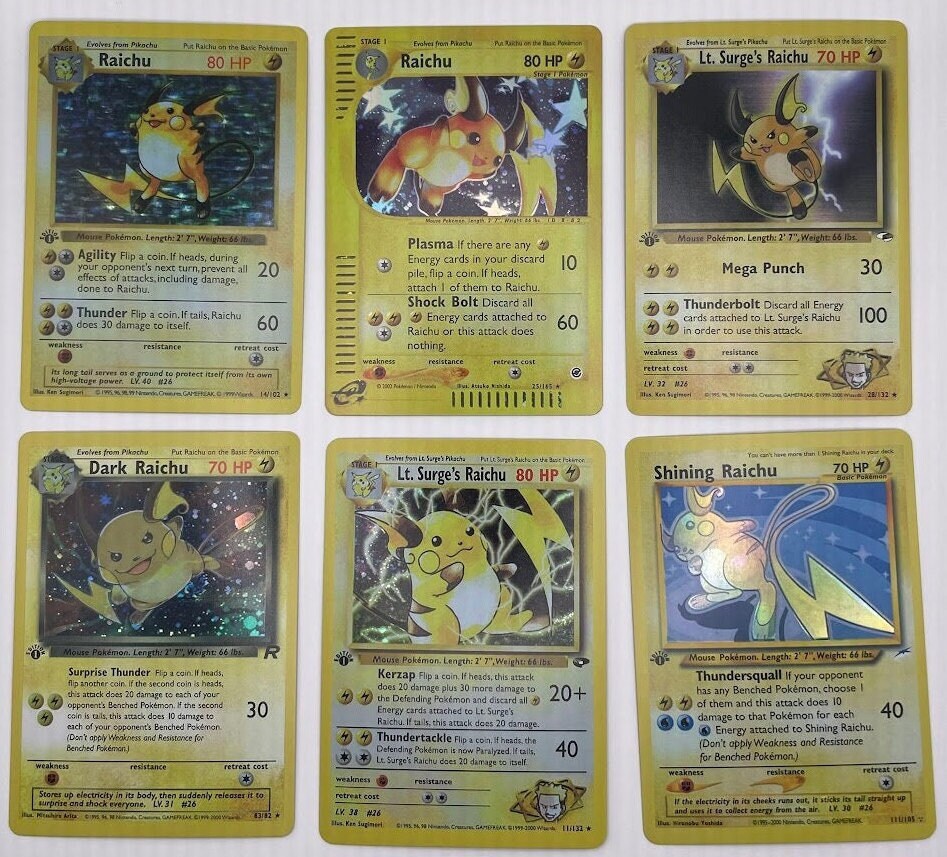 Raichu Reprint Bundle Lot of 8 - Base Set First Edition, Fossil, Gym Heroes, Expedition, Gym Challenge, Neo Destiny, Base Set 2 and Skyridge