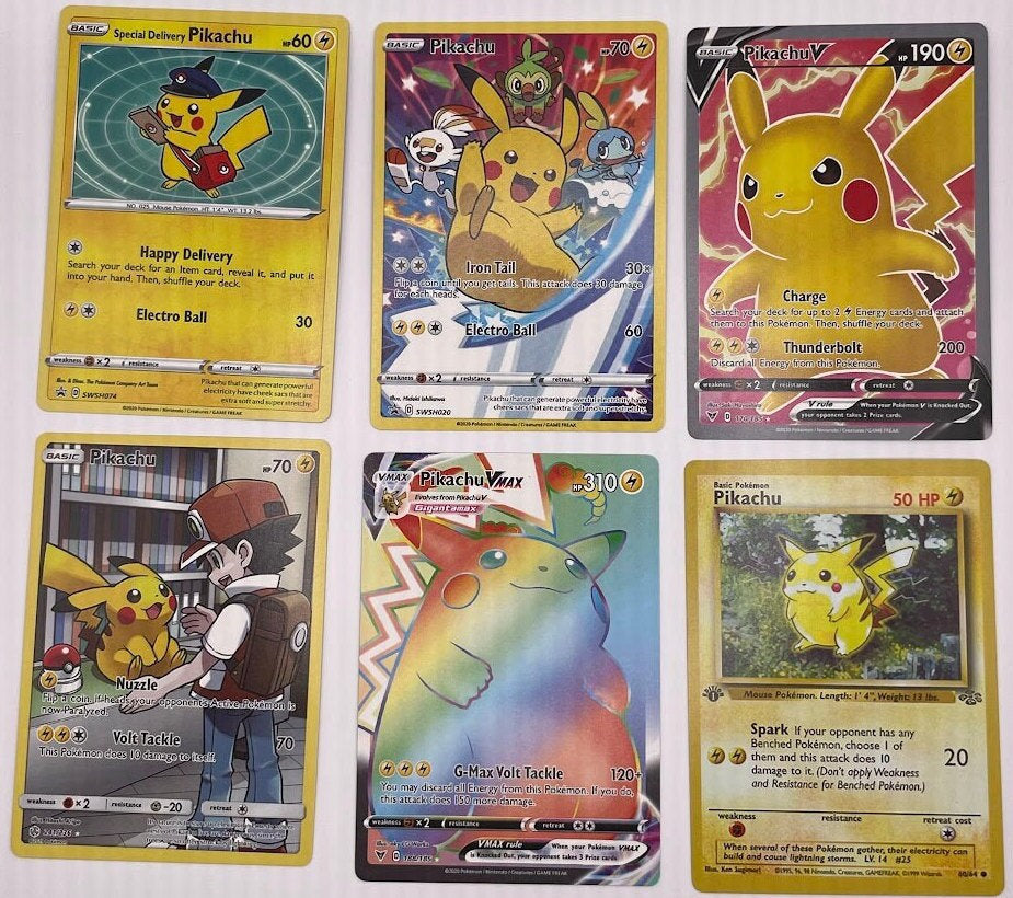 Pikachu Reprint Bundle Lot of 10 - Jungle, SWSH BSP, Vivid Voltage, Cosmic Eclipse, Promo, Base Set First Edition