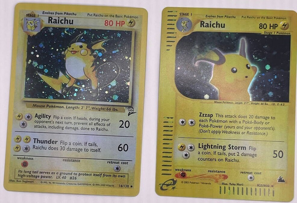 Raichu Reprint Bundle Lot of 8 - Base Set First Edition, Fossil, Gym Heroes, Expedition, Gym Challenge, Neo Destiny, Base Set 2 and Skyridge